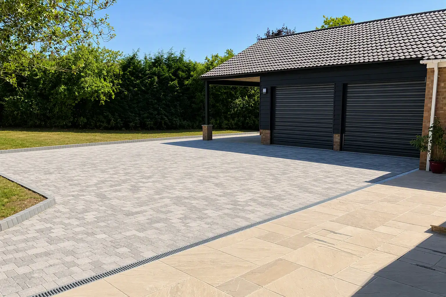 Block paved driveway and garaging completed by Ablewood